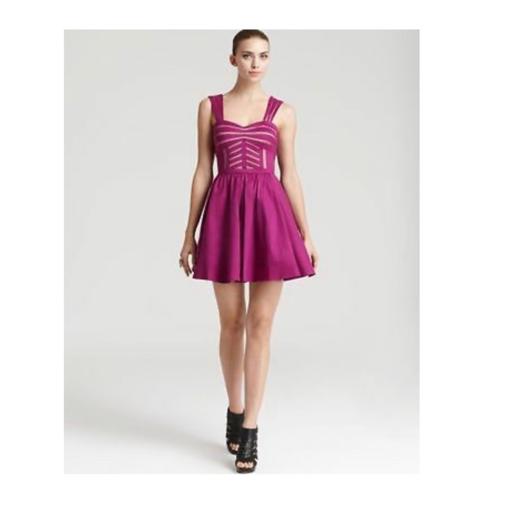 AQUA Purple Taffeta Mesh Illusion Fit& Flare Dress